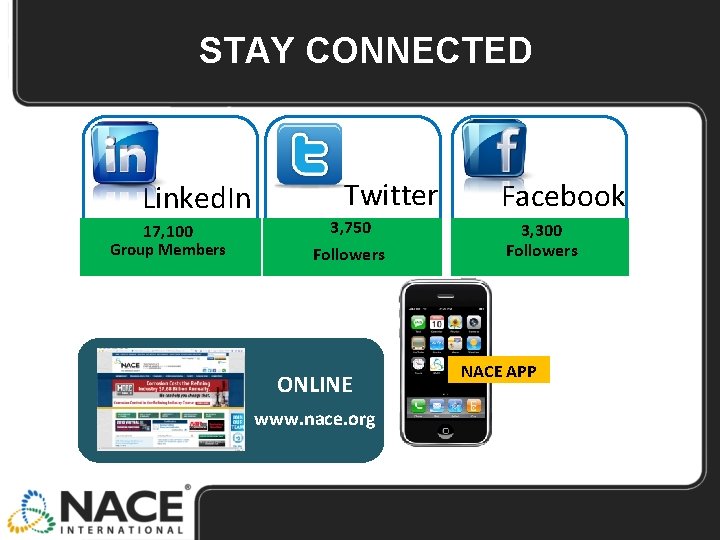 STAY CONNECTED Linked. In 17, 100 Group Members Twitter 3, 750 Followers ONLINE www.