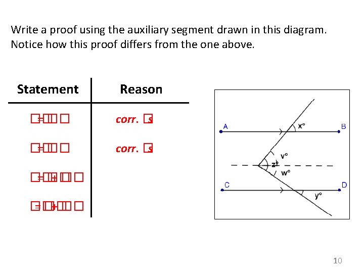 Write a proof using the auxiliary segment drawn in this diagram. Notice how this