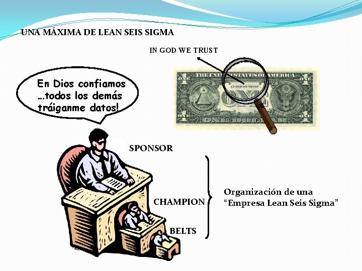 UNA MÁXIMA DE LEAN SEIS SIGMA IN GOD WE TRUST En Dios confiamos …todos UNA MÁXIMA DE LEAN SEIS SIGMA IN GOD WE TRUST En Dios confiamos …todos