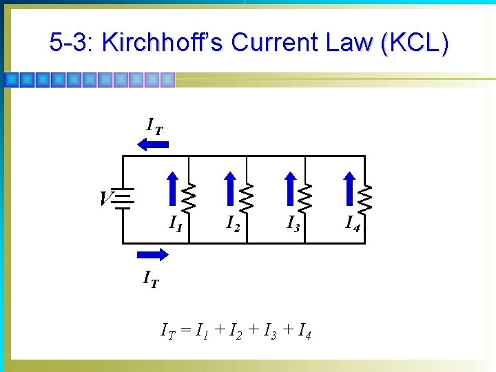 5 -3: Kirchhoff’s Current Law (KCL) IT V I 1 I 2 I 3