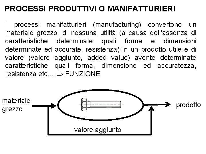 PROCESSI PRODUTTIVI O MANIFATTURIERI I processi manifatturieri (manufacturing) convertono un materiale grezzo, di nessuna
