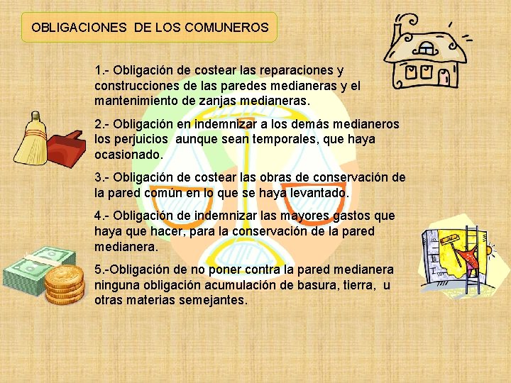OBLIGACIONES DE LOS COMUNEROS 1. - Obligación de costear las reparaciones y construcciones de
