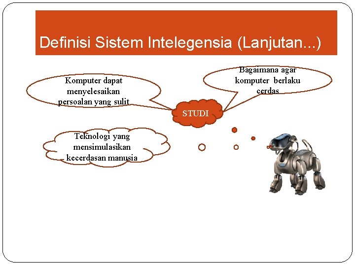 Definisi Sistem Intelegensia (Lanjutan. . . ) Bagaimana agar komputer berlaku cerdas Komputer dapat