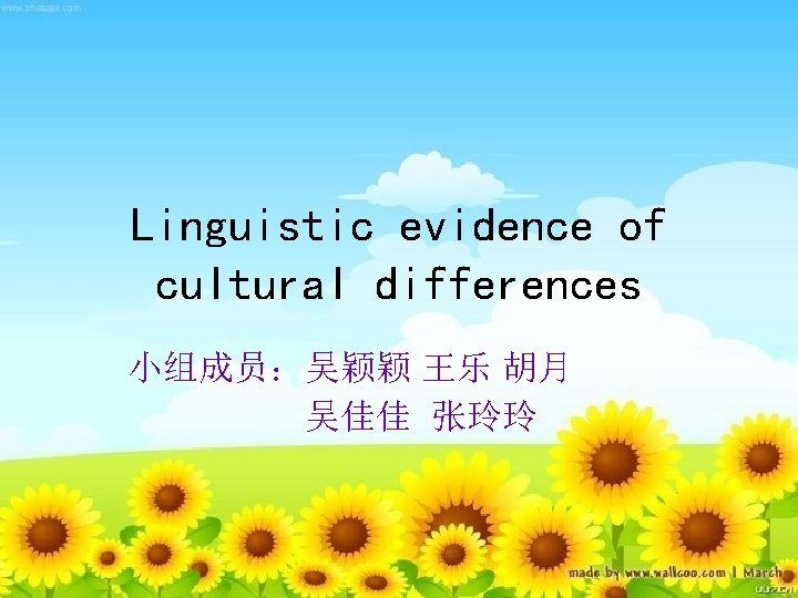 Linguistic evidence of cultural differences 小组成员：吴颖颖 王乐 胡月 吴佳佳 张玲玲 