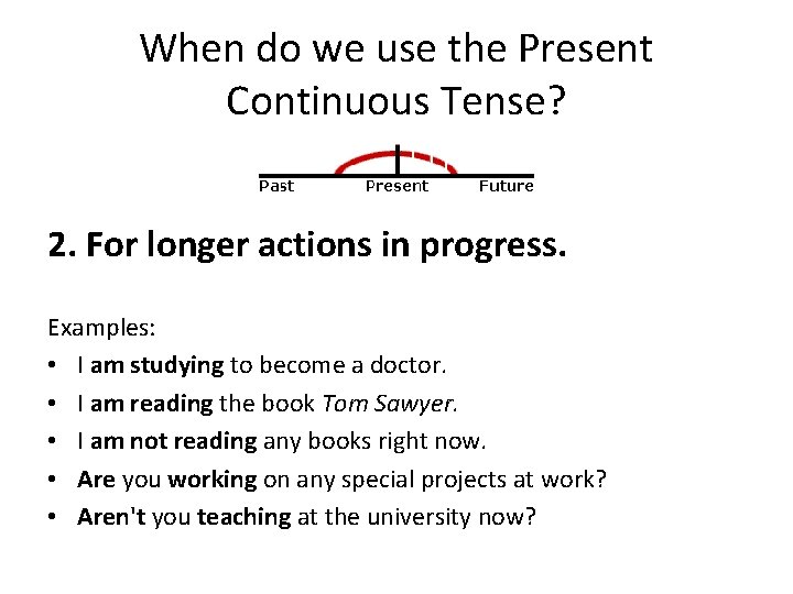 When do we use the Present Continuous Tense? 2. For longer actions in progress.