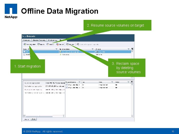 Offline Data Migration 2. Resume source volumes on target 1. Start migration © 2009