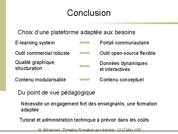 Conclusion Choix d’une plateforme adaptée aux besoins E-learning system Portail communautaire Outil commercial robuste