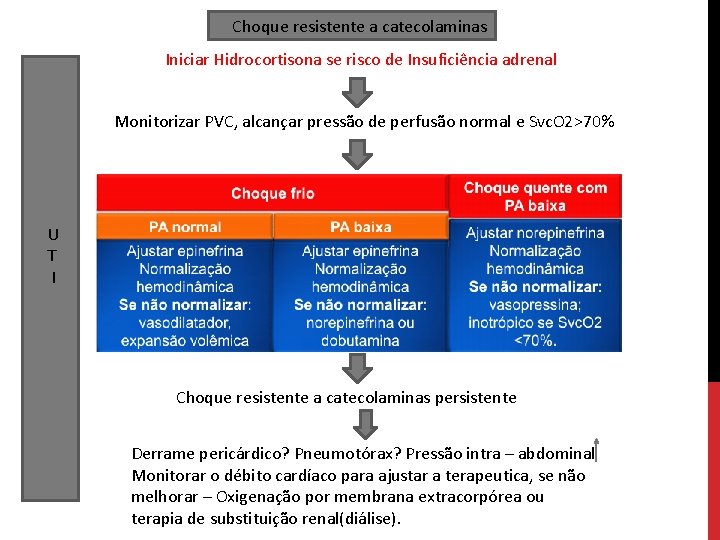 Choque resistente a catecolaminas Iniciar Hidrocortisona se risco de Insuficiência adrenal Monitorizar PVC, alcançar