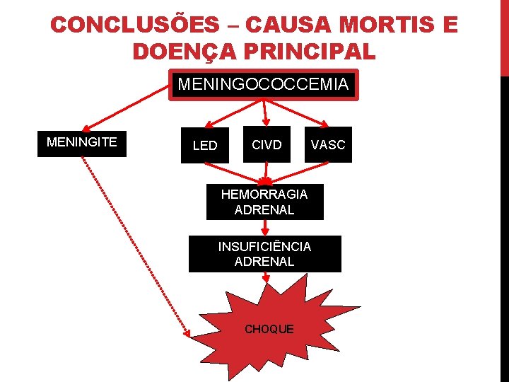 CONCLUSÕES – CAUSA MORTIS E DOENÇA PRINCIPAL MENINGOCOCCEMIA MENINGITE LED CIVD VASC HEMORRAGIA ADRENAL