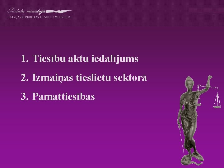 1. Tiesību aktu iedalījums 2. Izmaiņas tieslietu sektorā 3. Pamattiesības 