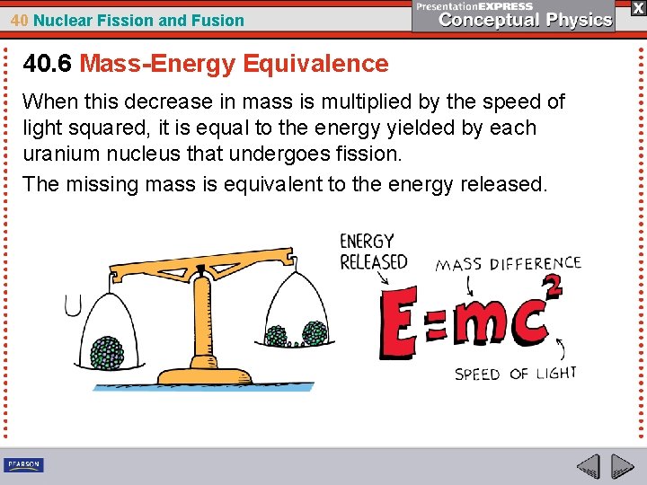 40 Nuclear Fission and Fusion 40. 6 Mass-Energy Equivalence When this decrease in mass