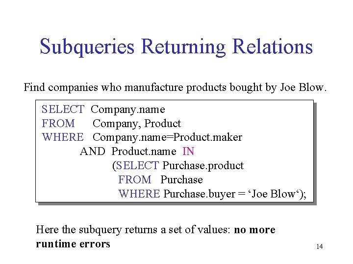 Subqueries Returning Relations Find companies who manufacture products bought by Joe Blow. SELECT Company.