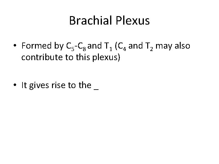 Brachial Plexus • Formed by C 5 -C 8 and T 1 (C 4