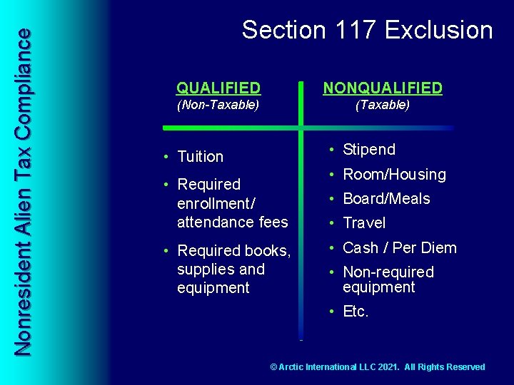 Nonresident Alien Tax Compliance Section 117 Exclusion QUALIFIED NONQUALIFIED (Non-Taxable) (Taxable) • Tuition •