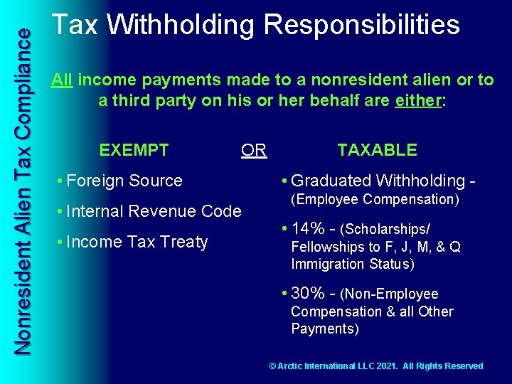 Nonresident Alien Tax Compliance Tax Withholding Responsibilities All income payments made to a nonresident