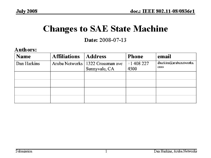 July 2008 doc. : IEEE 802. 11 -08/0836 r 1 Changes to SAE State