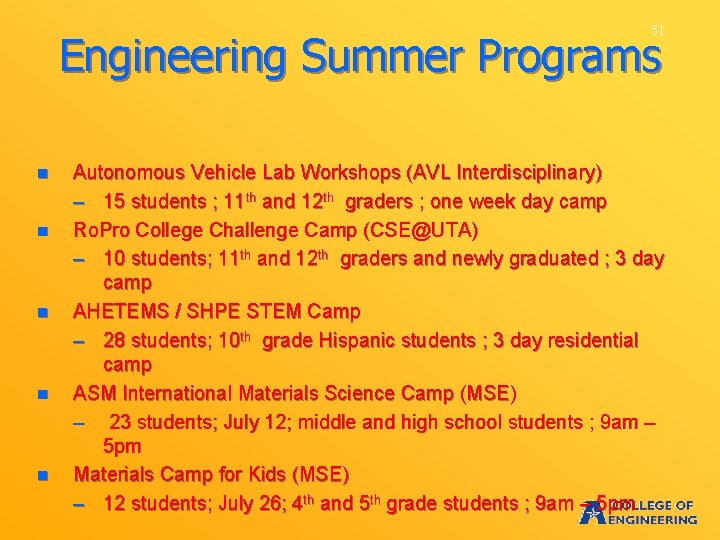 51 Engineering Summer Programs n n n Autonomous Vehicle Lab Workshops (AVL Interdisciplinary) –