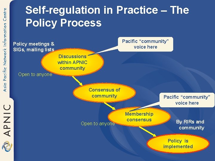 Self-regulation in Practice – The Policy Process Pacific “community” voice here Policy meetings &