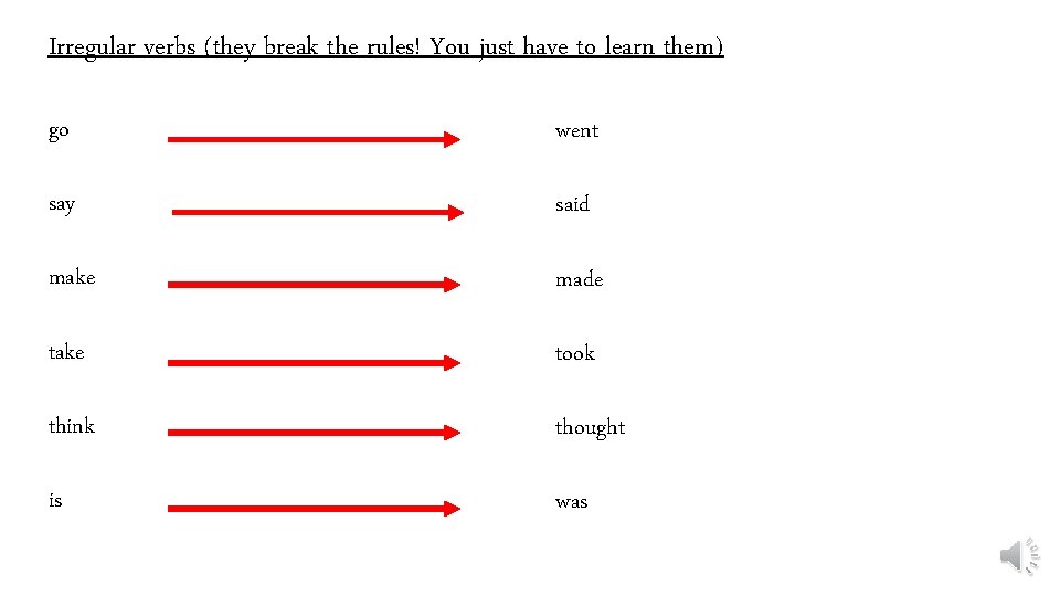 Irregular verbs (they break the rules! You just have to learn them) go went