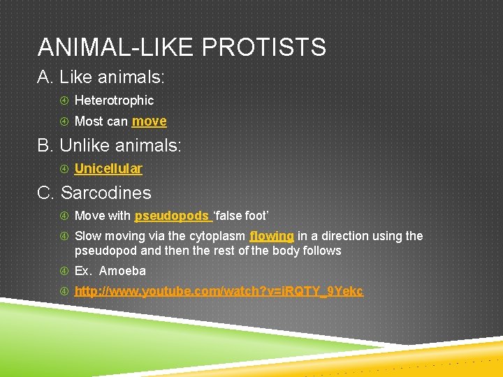ANIMAL-LIKE PROTISTS A. Like animals: Heterotrophic Most can move B. Unlike animals: Unicellular C.