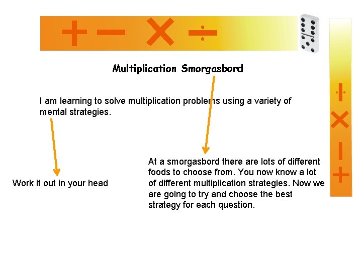 Multiplication Smorgasbord I am learning to solve multiplication problems using a variety of mental