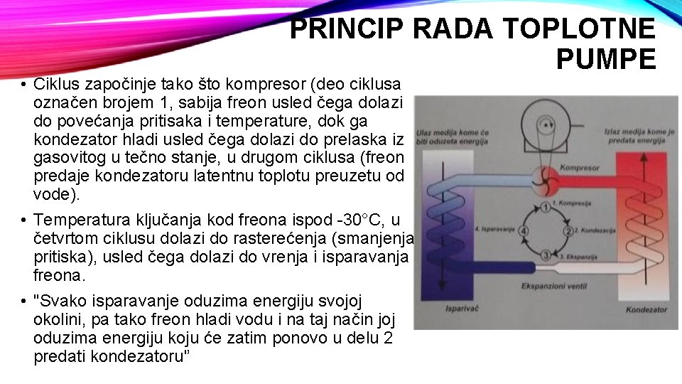 PRINCIP RADA TOPLOTNE PUMPE • Ciklus započinje tako što kompresor (deo ciklusa označen brojem