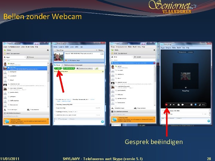 Bellen zonder Webcam Gesprek beëindigen 11/01/2011 SNVL/MVV - Telefoneren met Skype (versie 5. 1)