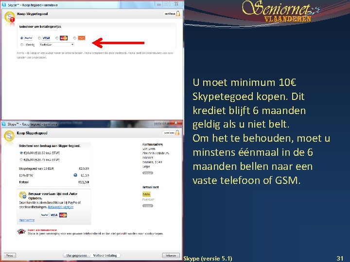 U moet minimum 10€ Skypetegoed kopen. Dit krediet blijft 6 maanden geldig als u