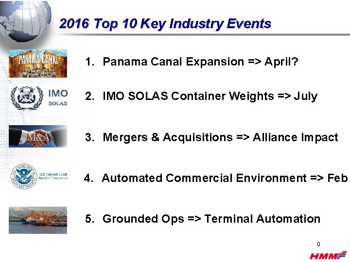 2016 Top 10 Key Industry Events 1. Panama Canal Expansion => April? 2. IMO