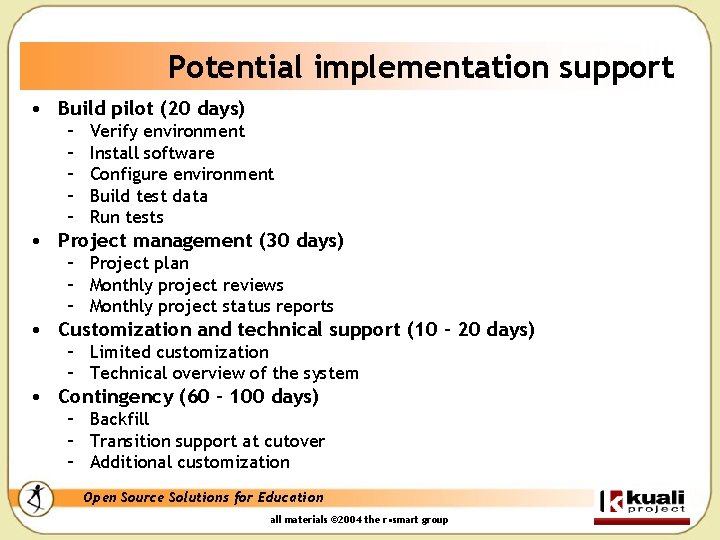 Potential implementation support • Build pilot (20 days) – – – Verify environment Install