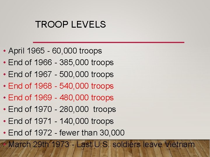 TROOP LEVELS • April 1965 - 60, 000 troops • End of 1966 - TROOP LEVELS • April 1965 - 60, 000 troops • End of 1966 -