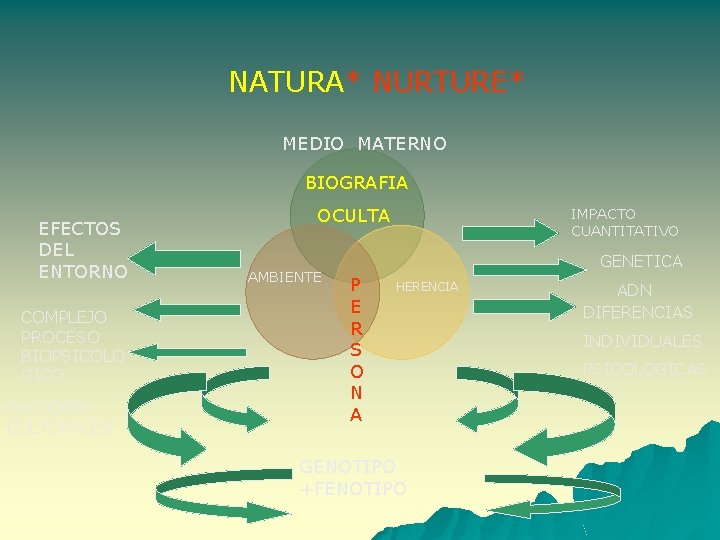 NATURA* NURTURE* MEDIO MATERNO BIOGRAFIA EFECTOS DEL ENTORNO COMPLEJO PROCESO BIOPSICOLO GICO FACTORES CULTURALES