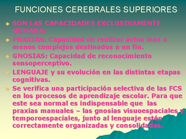 FUNCIONES CEREBRALES SUPERIORES u u u SON LAS CAPACIDADES EXCLUSIVAMENTE HUMANA: PRAXIAS: Capacidad de