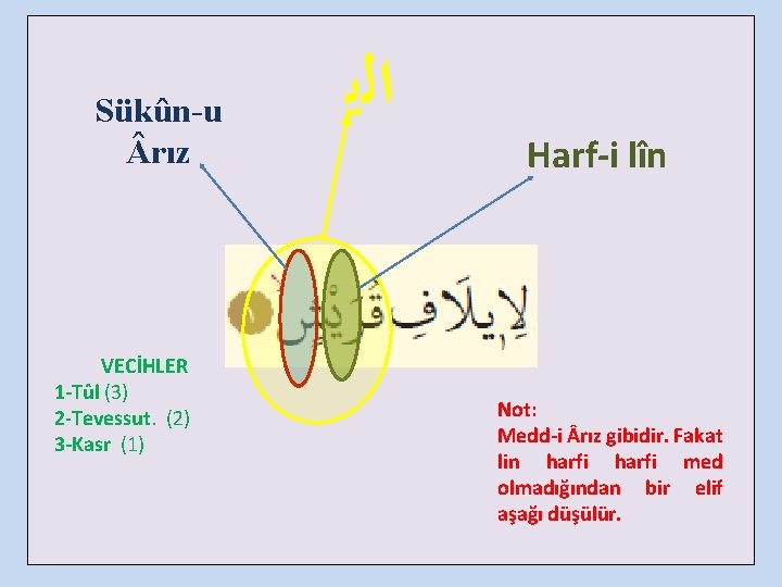 Sükûn-u rız VECİHLER 1 -Tûl (3) 2 -Tevessut. (2) 3 -Kasr (1) ﺍﻟﻳ Harf-i