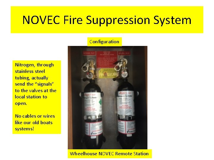 NOVEC Fire Suppression System Configuration Nitrogen, through stainless steel tubing, actually send the “signals”