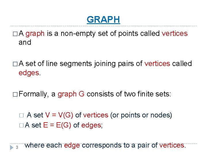 GRAPH �A graph is a non-empty set of points called vertices and �A set