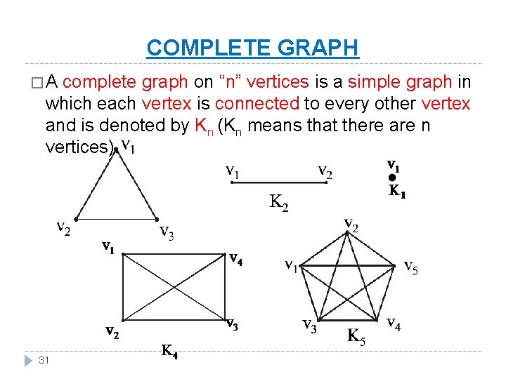 COMPLETE GRAPH �A complete graph on “n” vertices is a simple graph in which