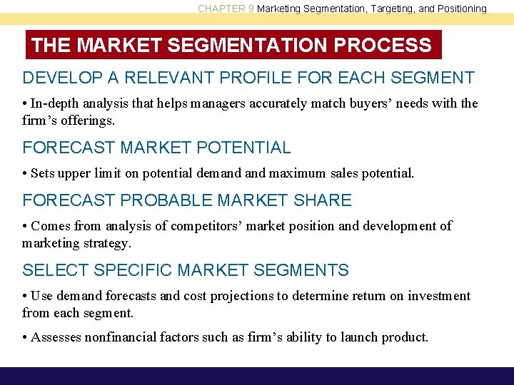 CHAPTER 9 Marketing Segmentation, Targeting, and Positioning THE MARKET SEGMENTATION PROCESS DEVELOP A RELEVANT