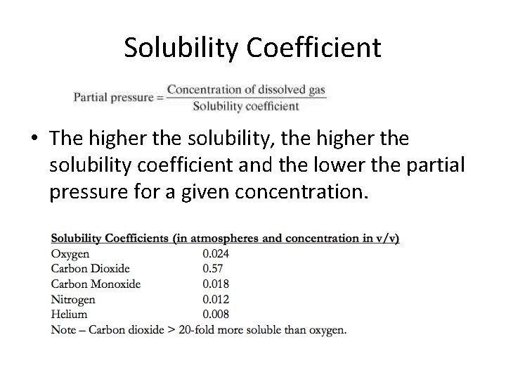 Solubility Coefficient • The higher the solubility, the higher the solubility coefficient and the