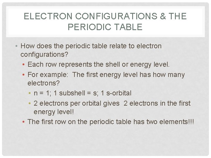 ELECTRON CONFIGURATIONS & THE PERIODIC TABLE • How does the periodic table relate to