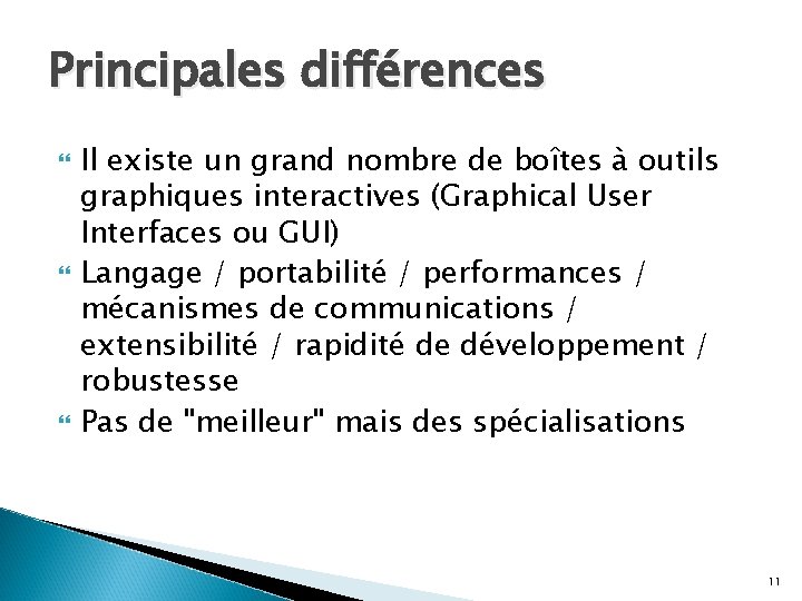 Principales différences Il existe un grand nombre de boîtes à outils graphiques interactives (Graphical