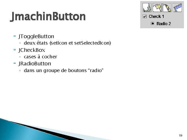 Jmachin. Button JToggle. Button ◦ deux états (set. Icon et set. Selected. Icon) JCheck.