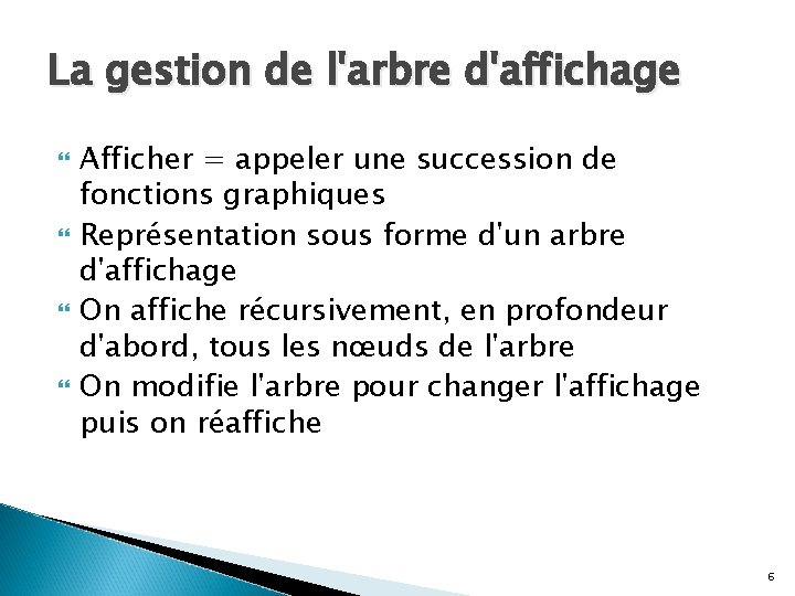 La gestion de l'arbre d'affichage Afficher = appeler une succession de fonctions graphiques Représentation