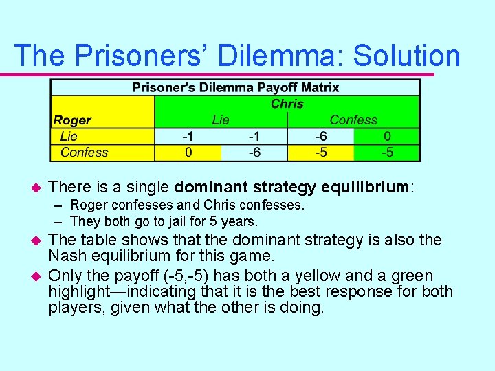 The Prisoners’ Dilemma: Solution u There is a single dominant strategy equilibrium: – Roger