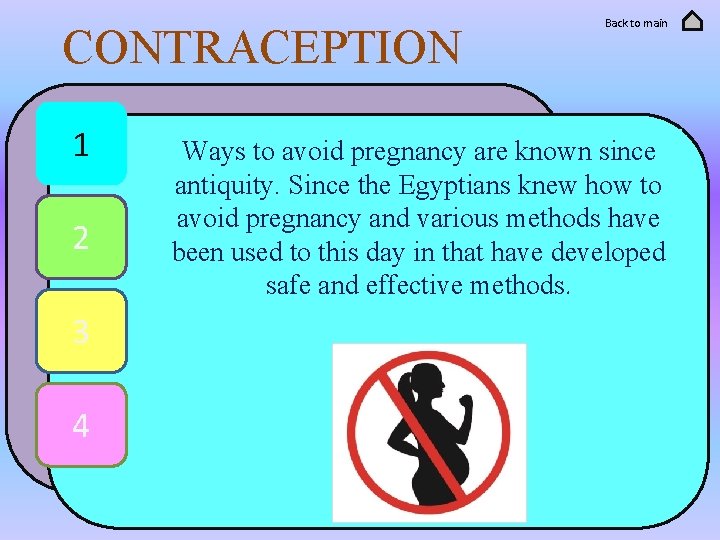 CONTRACEPTION 1 2 3 4 Back to main Ways to avoid pregnancy are known