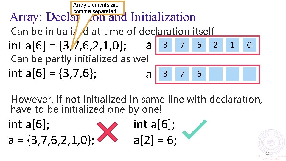 Array elements are comma separated Array: Declaration and Initialization Can be initialized at time