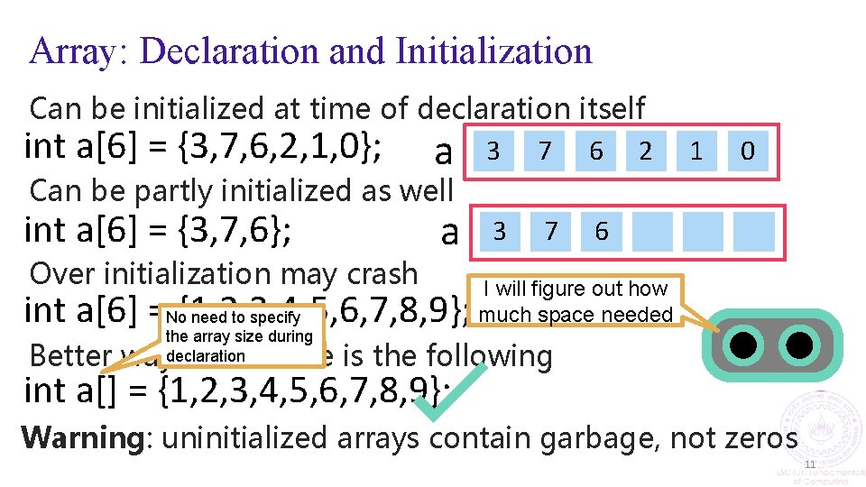 Array: Declaration and Initialization Can be initialized at time of declaration itself int a[6]