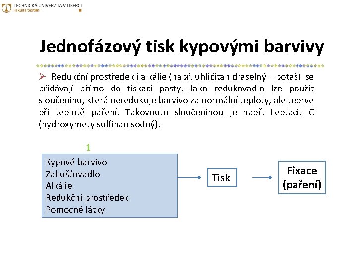 Jednofázový tisk kypovými barvivy Ø Redukční prostředek i alkálie (např. uhličitan draselný = potaš)