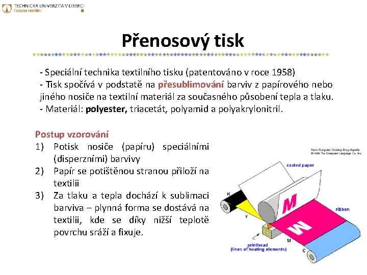 Přenosový tisk - Speciální technika textilního tisku (patentováno v roce 1958) - Tisk spočívá