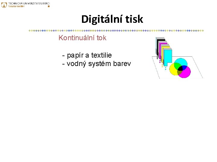 Digitální tisk Kontinuální tok - papír a textilie - vodný systém barev 